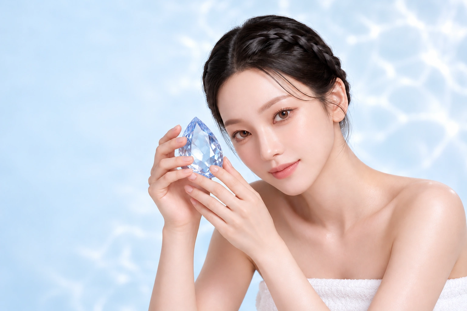 Aquafil Page模特兒面帶微笑，手中拿著一顆淚滴狀藍寶石