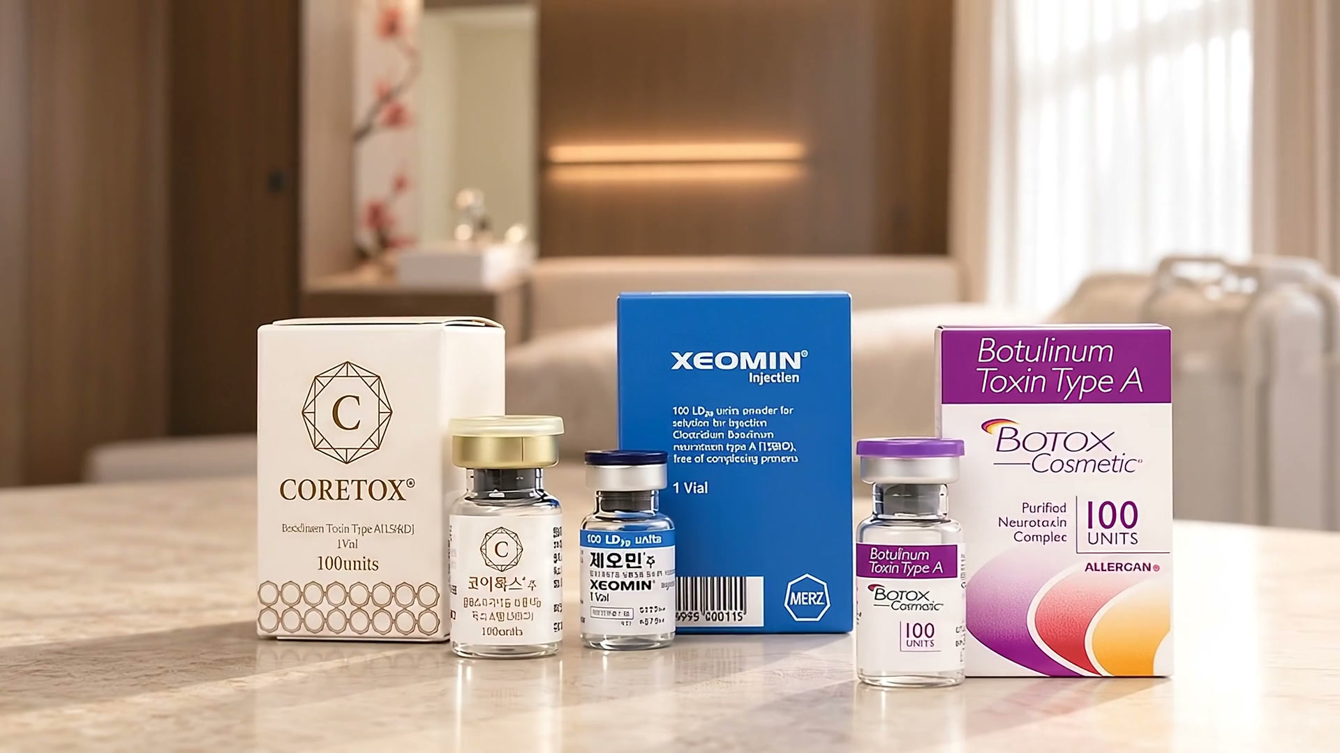 图片包含 Coretox、Xeomin、Allergan 产品以及诊所背景。