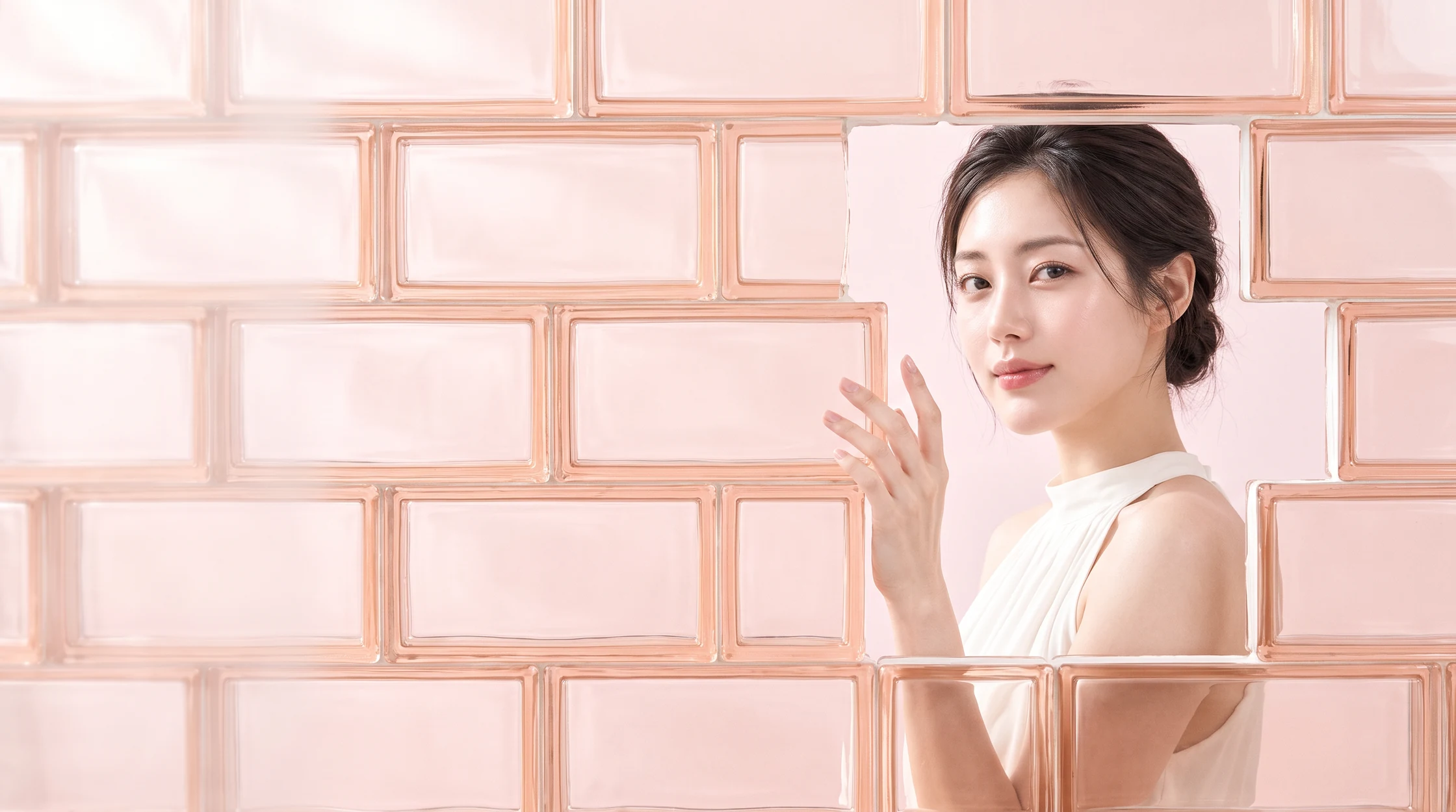 一位 Beauty Blossom 模特兒在粉紅色玻璃磚之間自然地微笑