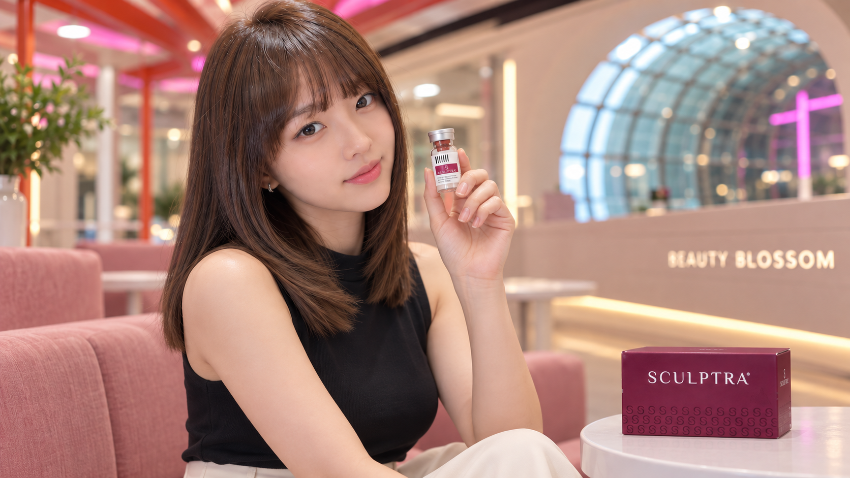 ภาพคอนเซปต์นางแบบหลักของ Sculptra ผมสีน้ำตาลมีหน้าม้าถือผลิตภัณฑ์